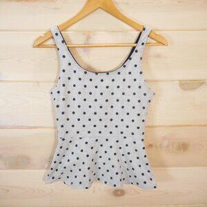 Express Women's size S Sleeveless Cropped Peplum Top Gray Polka Dot Zip
